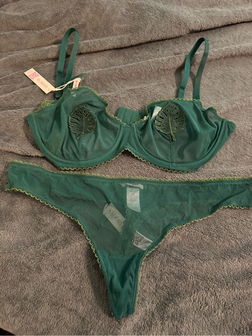 Adore Me Forest Green Sheer Embroidered Underwire Bra & Thong Set
